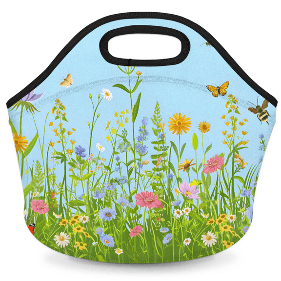 Herdesigns Colorful Wildflower Floral Plant Insulated Neoprene Lunch Bag for Women Men Lunch Box Washable Reusable Lunch Tote Lightweight Lunch Handbag for Work Outdoor Picnic