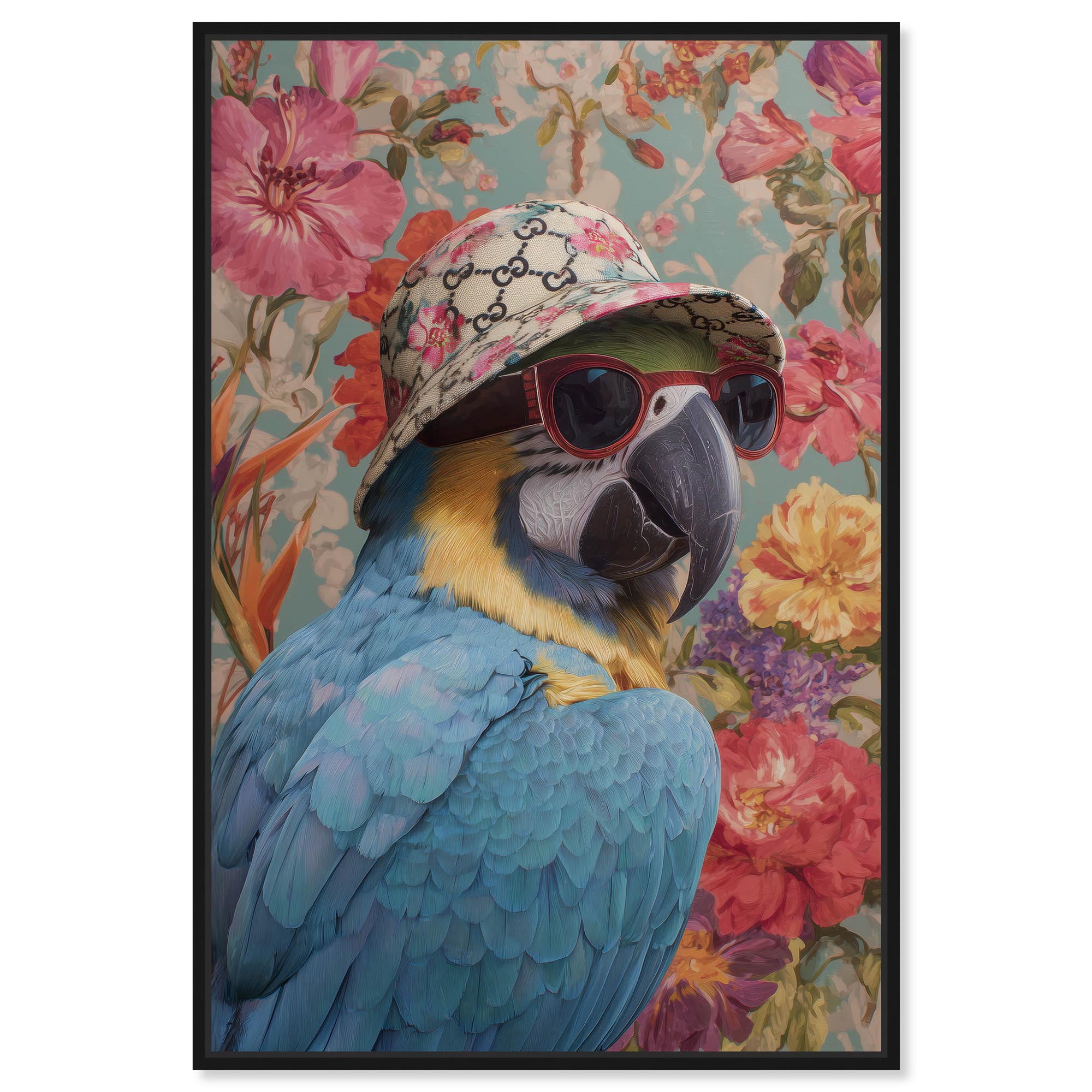 Floral Glam Parrot Canvas Print Pets Wall Art by Art Remedy, Black Frame, 10 x 15