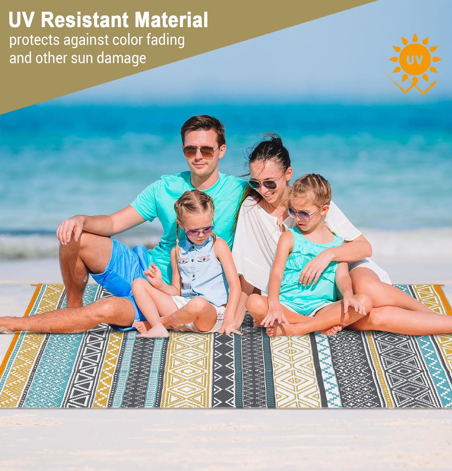 GlowSol 10'x20' Outdoor Rug Carpet Waterproof Reversible Patio Rug RV Camping Rug Plastic Straw Rug Outside Indoor Outdoor Boho Area Rug, Yellow Blue