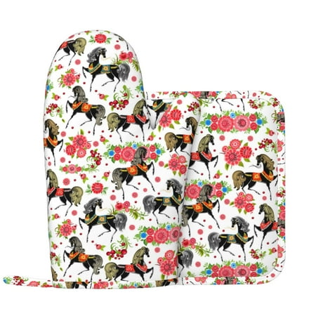 

Oven Mitts and Pot Holders Sets Cartoon Cool Horse Black Flower Non-Slip Silicone Oven Gloves Potholders Cotton Lining Heat Resistant Gloves Hot Pads for Kitchen Cooking Baking