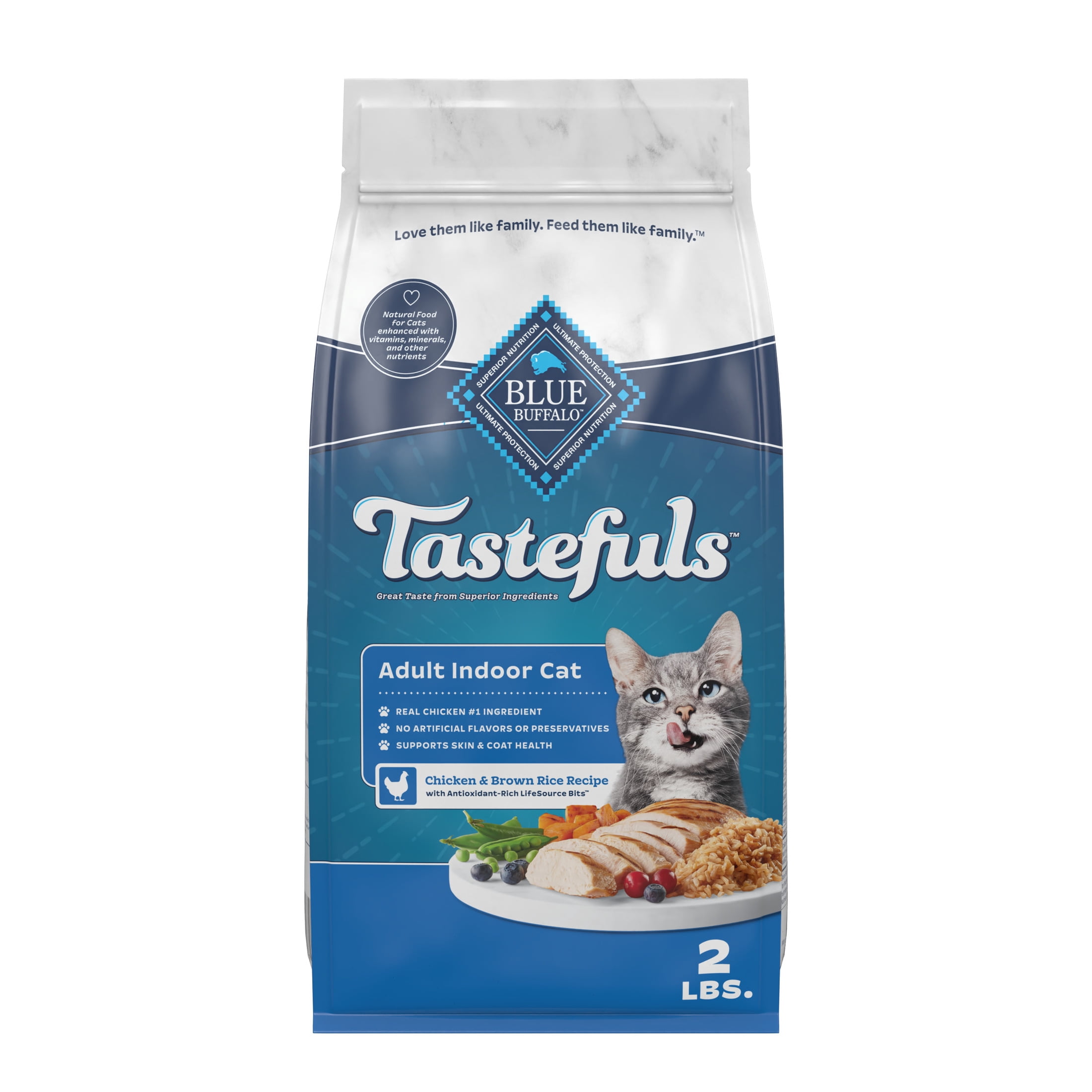 Bundle & Save: Blue Buffalo Tastefuls Chicken & Brown Rice Dry Food for Adult Indoor Cats, 2lb Bag and Tastefuls Natural Wet Cat Food Cans, Flaked Style, Fish and Shrimp Entrée in Gravy