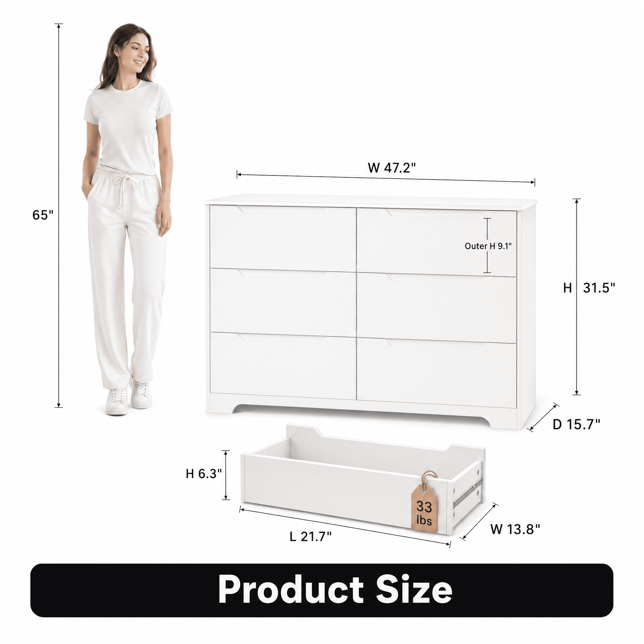 6 Drawer Double Dresser,&nbsp;Modern Wide Wooden&nbsp;Chest of Drawers with&nbsp;Cut-Out Handles,&nbsp;Anti-Tip Design,&nbsp;Closet Storage and TV Stand for Living Room, Hallway, White