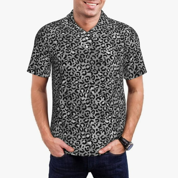 Black Grey Leopard Casual T-Shirts Animal Spots Print Polo Shirts Collar Shirt Summer Man