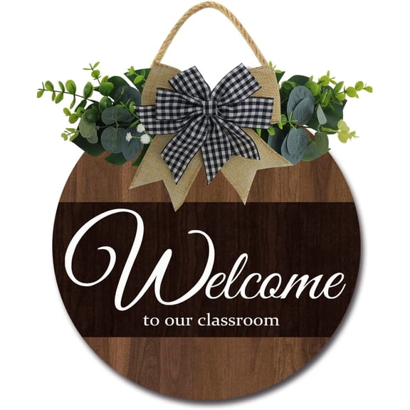 Eveokoki 12" Welcome to Our Classroom for Front Door Farmhouse Porch ,Rustic Round Wooden Hanging Wreaths for Housewarming gift Christmas Festival Decoration Outdoor Indoor Wall Decor