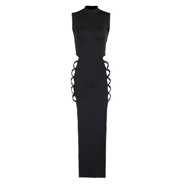 Vestidos de club para mujer Fiesta de noche sexy Cuello alto Vestido negro delgado Vestido de encaje con abertura alta informal para fiesta de graduación (Negro-M) TUNC Sencillez