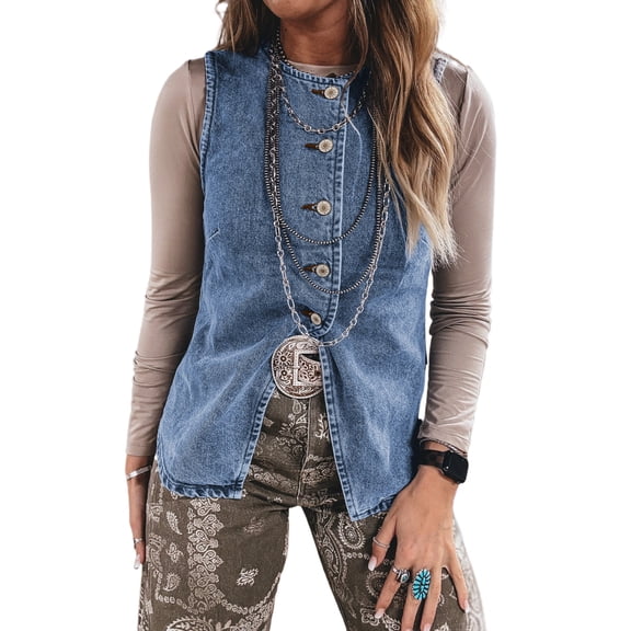 Ashleigh Blue Denim Vest for Women – Stylish Buttoned Front with Slit for Everyday Wear, XL