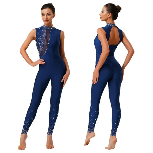 Fldy Womens Sparkly Rhinestone Gymnastics Romper Sleeveless Unitard for Rhythmic Dance Competition Navy Blue L