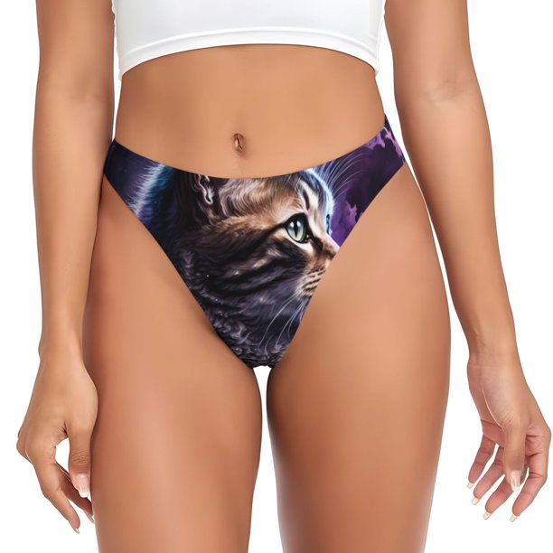 Fotbe Purple Moon Cat Tanga Sin Costuras para Mujer con Estampado – Panties Invisibles, Transpirables y Cómodos para Uso Diario-Small