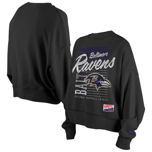 Women's New Era Black Baltimore Ravens Oversized Throwback Mineral Wash Crew Neck Sweatshirt