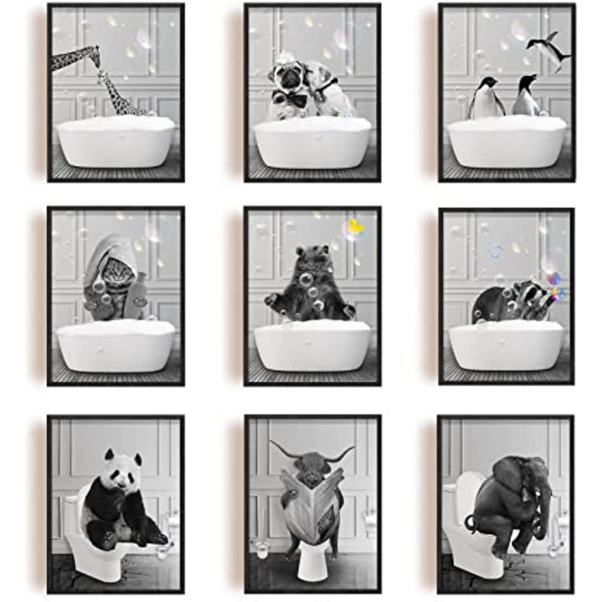 9PCS Bathroom Wall Art Prints Animals in Bathroom Wall Art Canvas Poster Funny Bathroom Unframed
