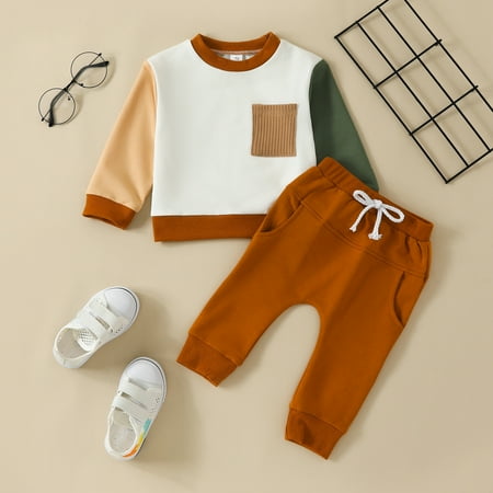 

Toddler Girls Outfit Sets Autumn Winter Unisex Patchwork Cotton Ribbed Long Sleeve Pants Sweatshirt Activewear