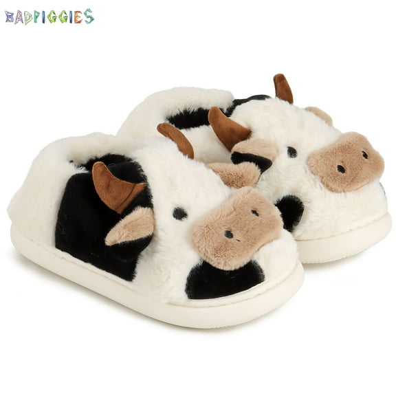 BadPiggies Cute Cow Slippers Fuzzy Plush Warm Non-Slip House Slides Shoes for Women Girls Men