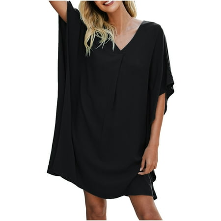 

Mrat Women Summer Corset Dress Short Sleeve Round-Neck Dress Ladies Summer Fashion Casual Round Neck Short Soild Loose Knee-Length Dress Female Knitted V-Neck Dress