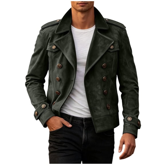 LMOIPLI Men's Double Breasted Lapel Suede Leather Jacket Epaulet Design Long Sleeve Vintage Formal Casual Blazer Coat Army Green XL