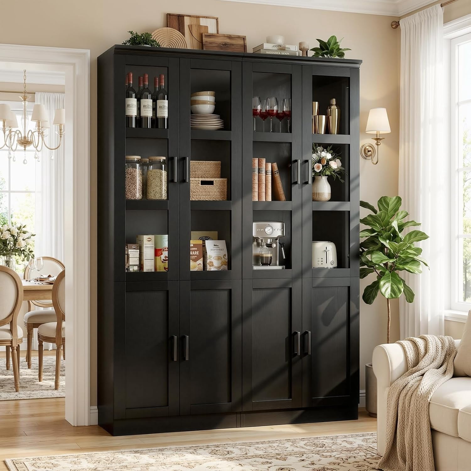Homieasy 47.2'' Pantry Storage Cabinet 2-Piece Set, 79.7'' Tall Freestanding Kitchen Storage Cabinet with Glass Doors and Adjustable Shelves, Black