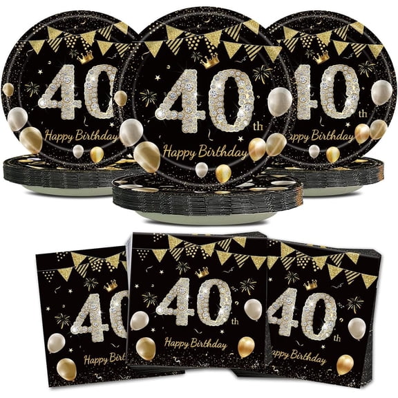 40th Happy Birthday Plates and Napkins Set Black and Paper Tableware