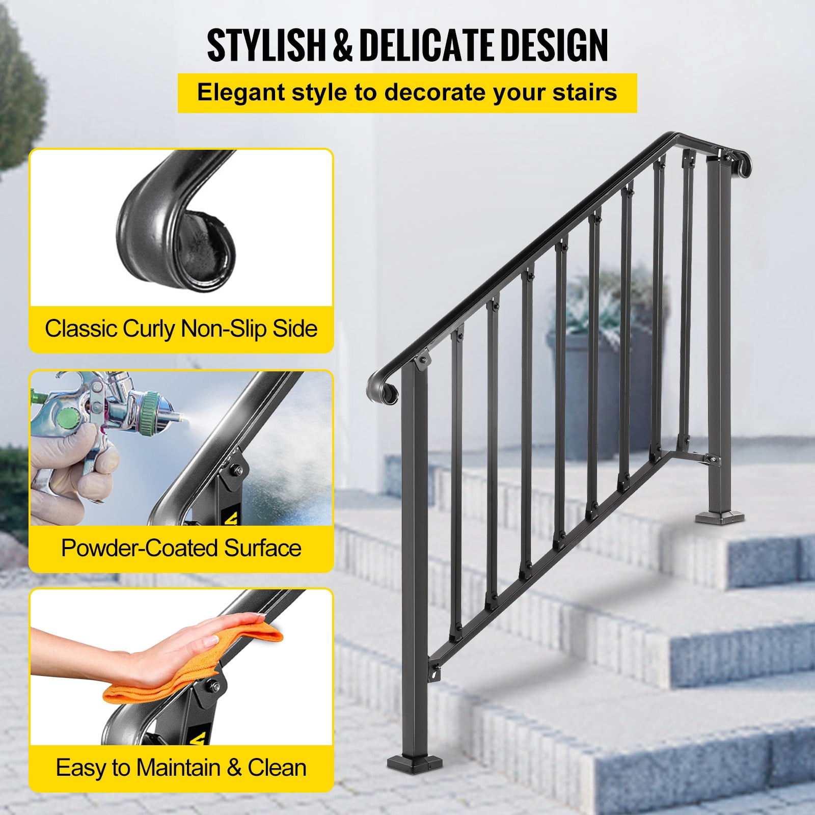BENTISM Iron Handrail Picket Fits 3 or 4 Steps Stair Hand Rails for Outdoor Garden