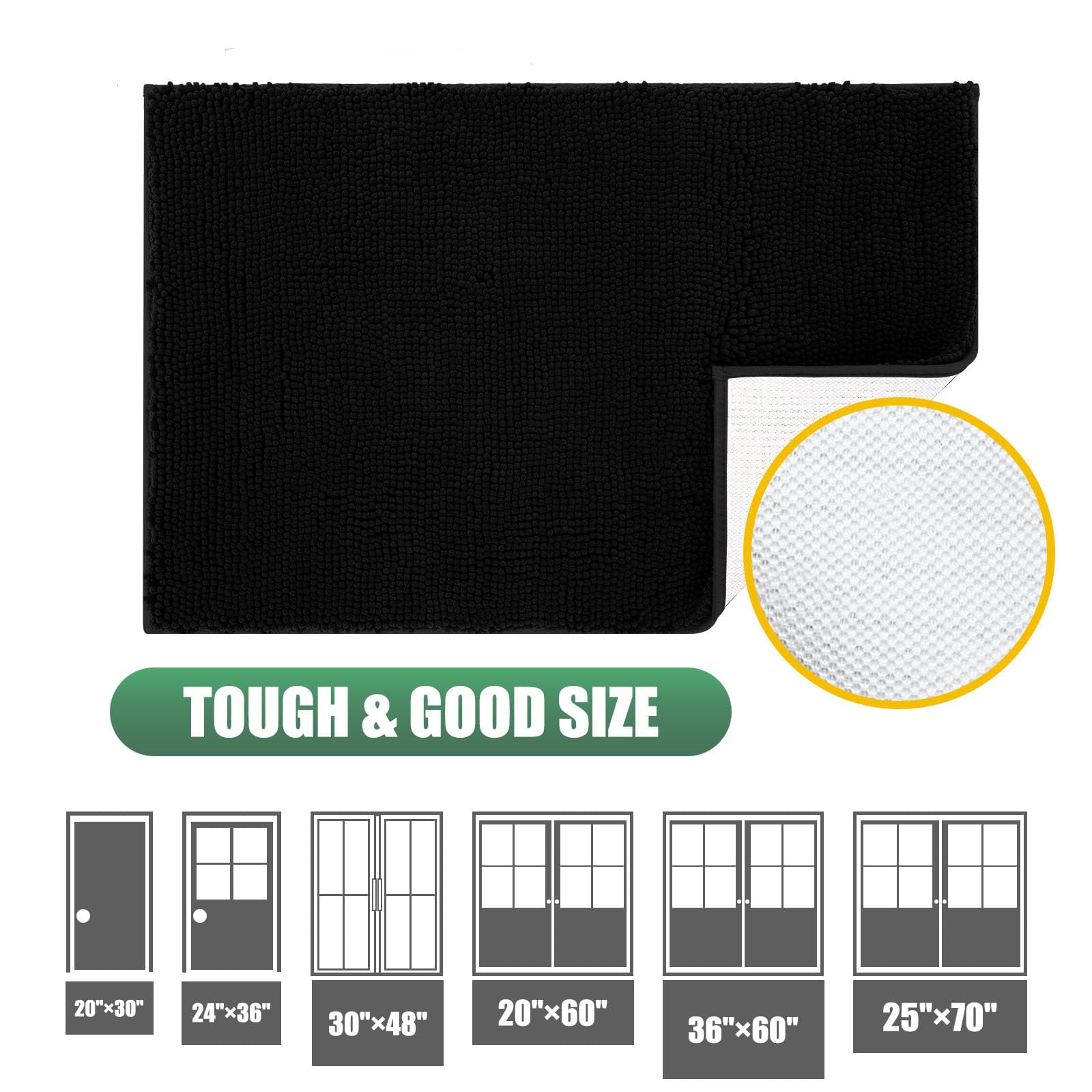Chenille Absorbent Outdoor Doormat 36" x 24", Washable Muddy Door Mats for Dog Non Slip Indoor Doormat Dog Mat for Muddy Paw Front Inside Doormats for Entryway Black