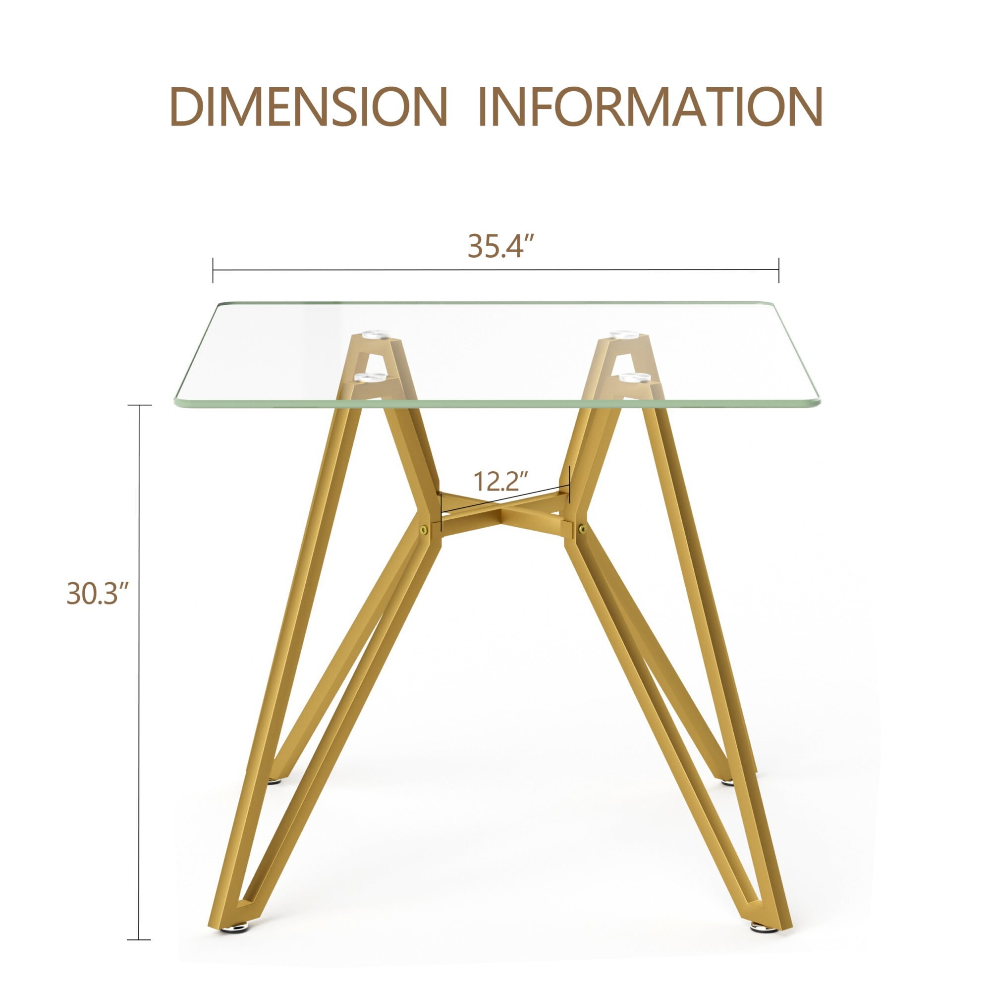 AENKYO 35.4'' Modern Glass Dining Table, Square Tempered Glass Top with Metal Legs, Small Kitchen Table for Home, Gold