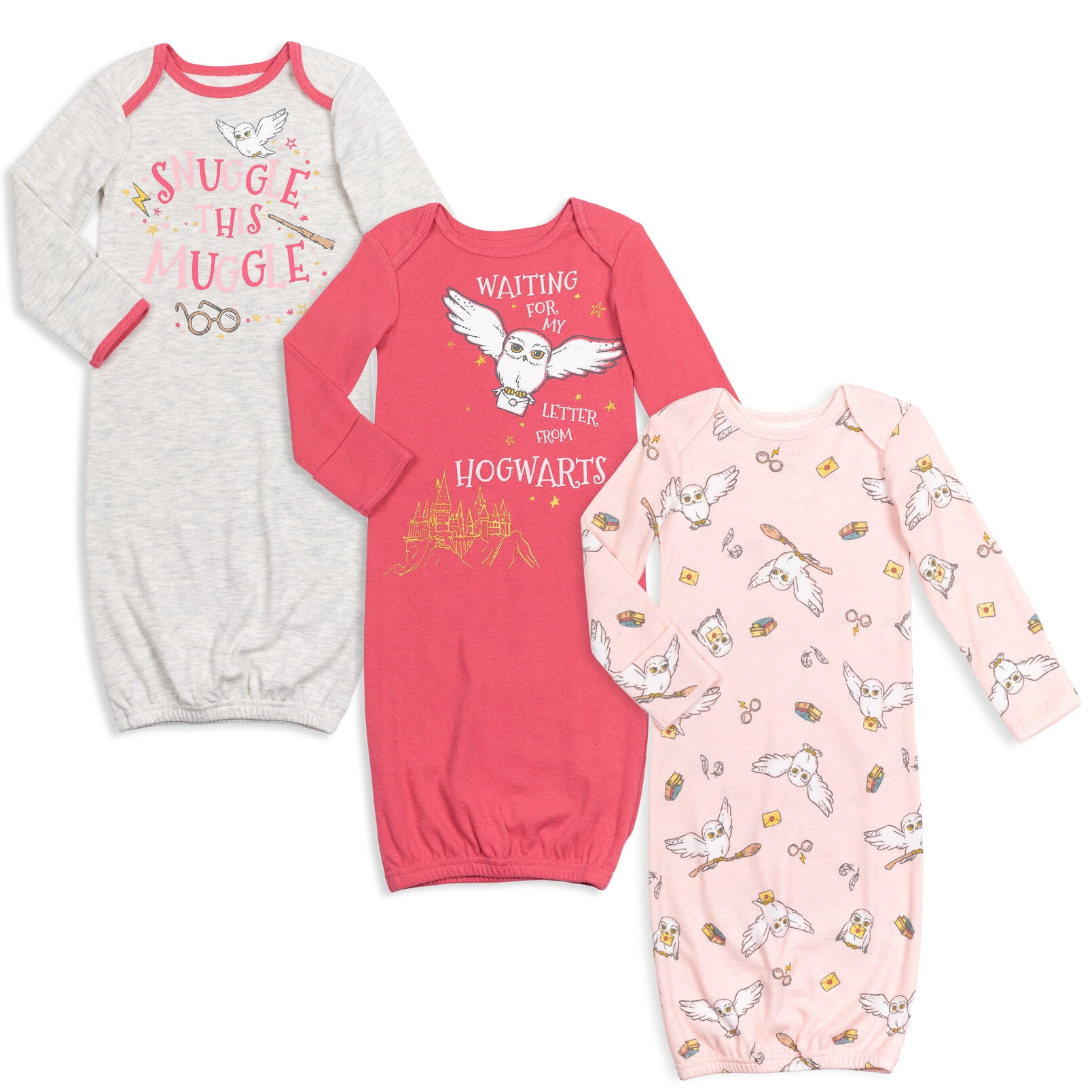 Harry Potter Hedwig Owl Newborn Baby Girls 3 Pack Sleeper Gown Red / Pink / Heather Grey Newborn