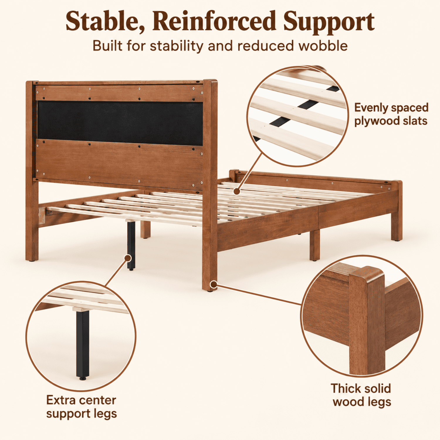 Miniyam Full Rubberwood Platform Bed Frame with Padded Upholstered Headboard, Brown