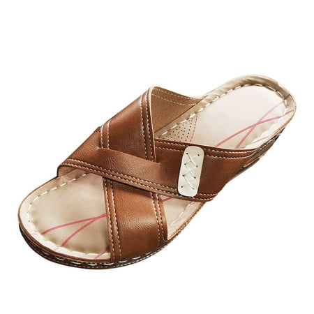 

Sandals Women Solid Color Slope Heel Breathable Open Toe Shoes Pu Brown 42