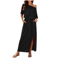 thumbnail image 3 of THDHVS Long Dresses for Women,Solid Color One Shoulder Dress with Cross Waist Elastic Hem Split Hem Pocket Design Casual Beach Summer Outfit,Summer Dress Black XL, 3 of 10