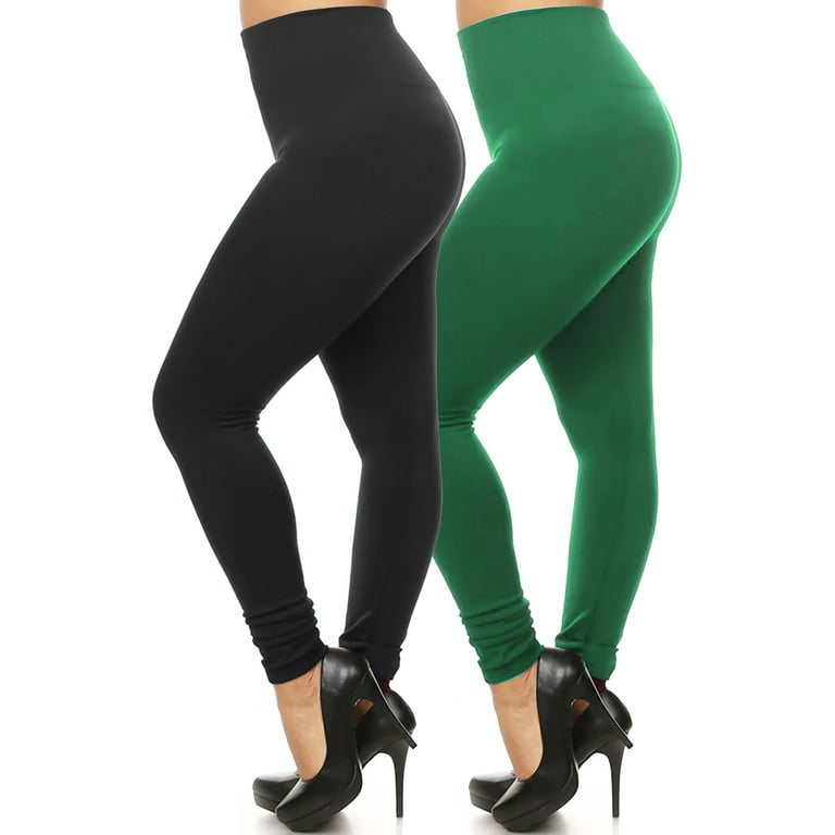 Women s 2 Pack Plus Size High Rise Banded Waist Full length Leggings with Fleece Lining