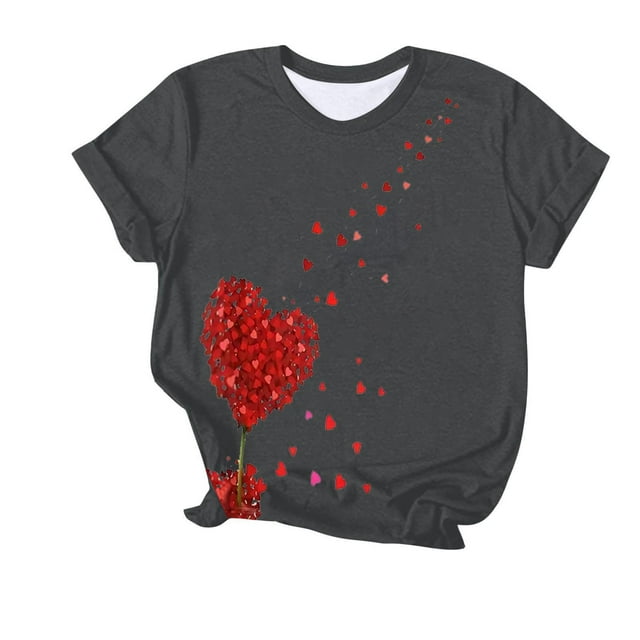 Camiseta de Manga Corta de Cuello Redondo Impresa para las Mujeres Día de San Valentín, Mezcla Ligera de Poliéster para Primavera Verano Otoño