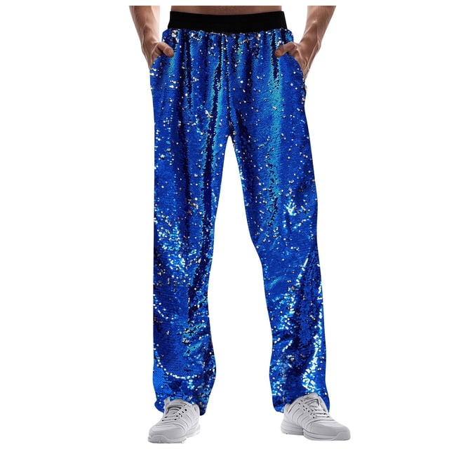 Wdgfv Mens Sequin Pants Disco Outfit Elastic Waist Drawstring Rave Trousers Sequin Joggers Trousers with Pockets