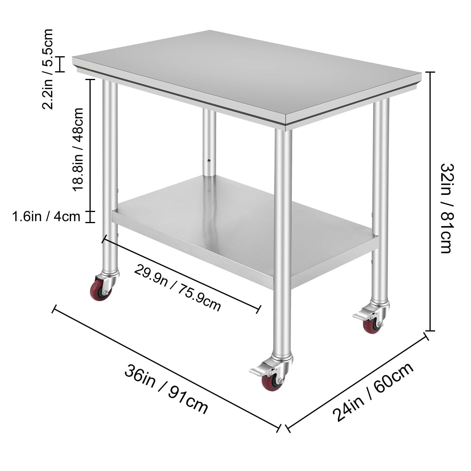KFFKFF Commercial Work Food Prep Table, 36"x24" Stainless Steel Rolling Kitchen Cart with 4 Caster Wheels ,Heavy Duty Worktable Adjustable Undershelf
