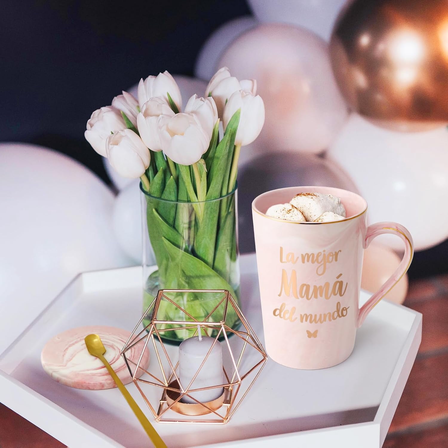 Gifts for Mother - La Mejor Mama Del Mundo Mugs, Mothers Day Gifts, Birthday Gifts, Christmas Gifts, Futtumy 14 fl oz Pink Marble Coffee Mugs Ceramic Mug Tea Cup