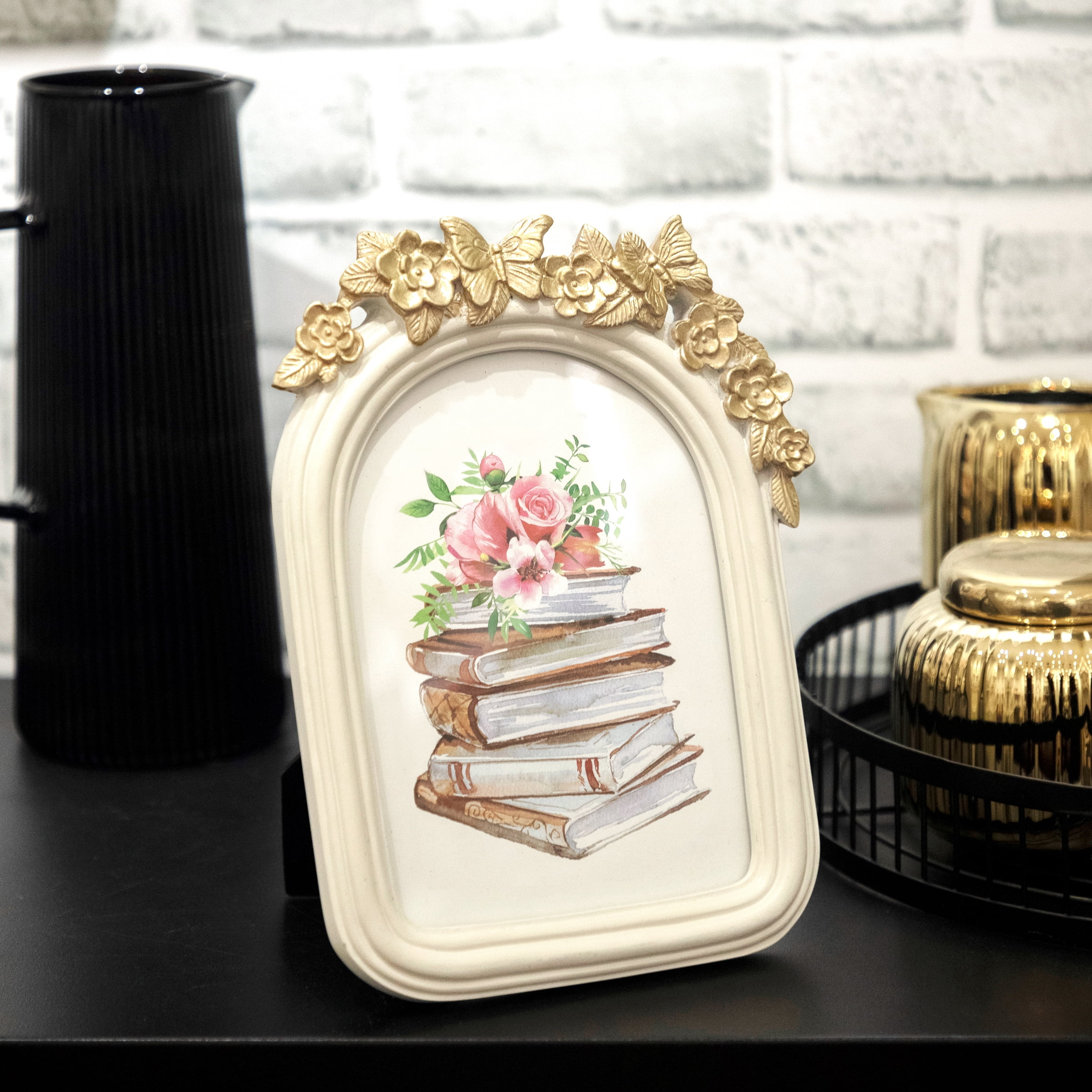OneDesign Home 5x7 White Tabletop Resin Picture Frame with Gold Butterfly Detail