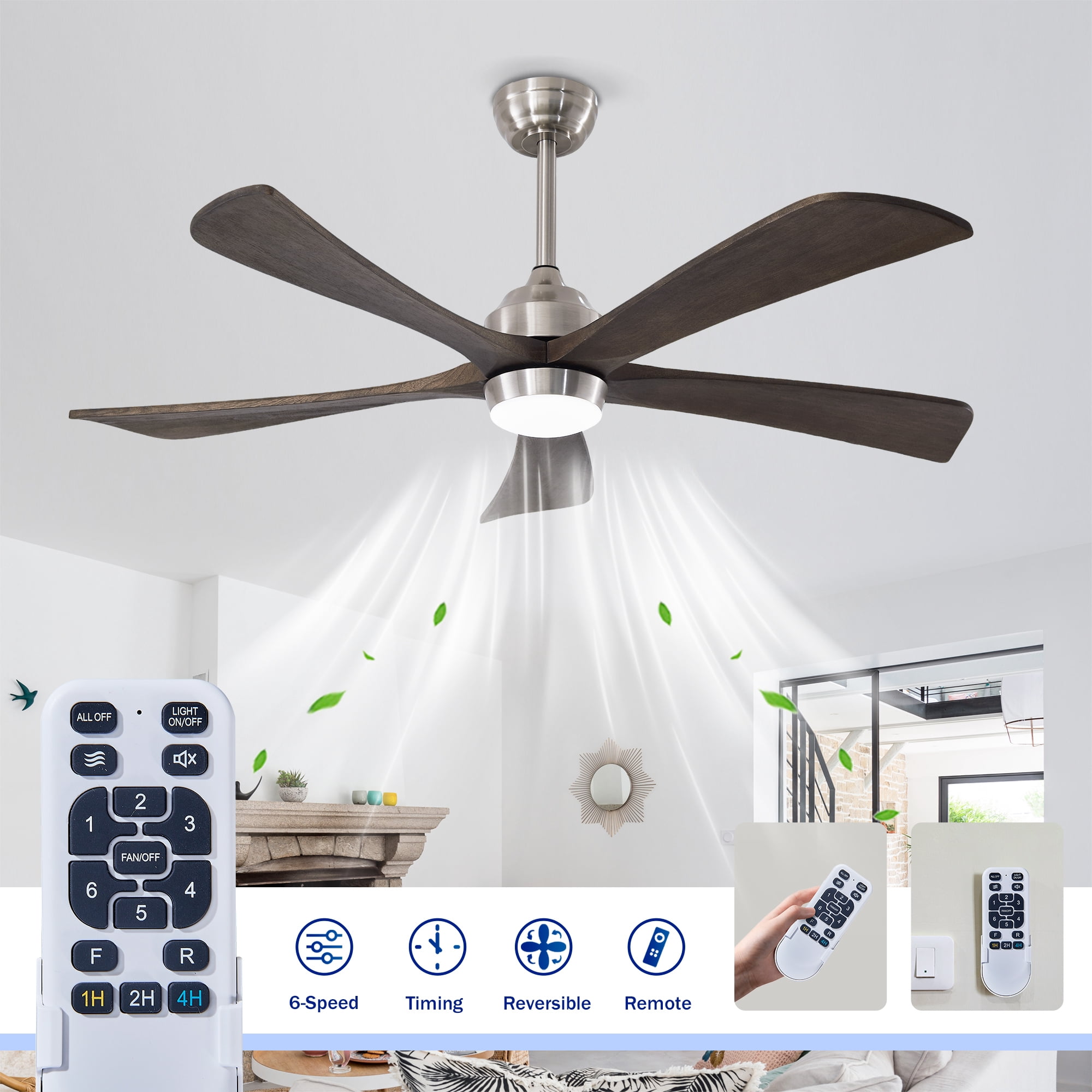 Leumius 52" Solid Wood Blades Ceiling Fan with Light and Remote Control,Quiet DC Motor 5 Blade Ceiling Fans 6 Speed Levels,Reversible for Patio Living Room Bedroom Office Nickel