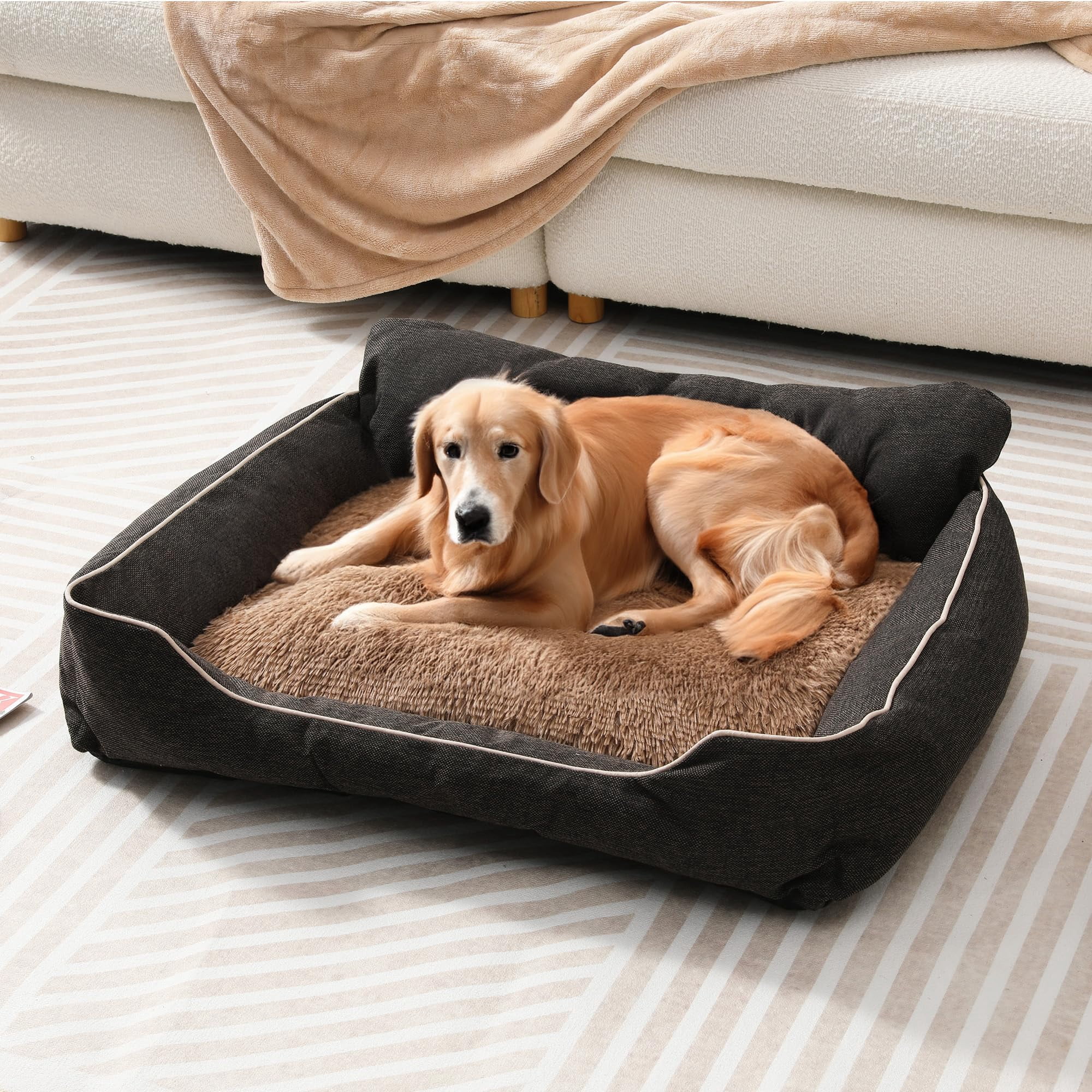 CozyHome Medium Dog Bed with Anti-Slip Bottom, Cat Bed with Removable Washable Cover, Plush Pet Bed for Dogs and Cats, Cute Dog Pillow Bed, Calming Cat Couch Bed for Indoor, Outdoor, Brown
