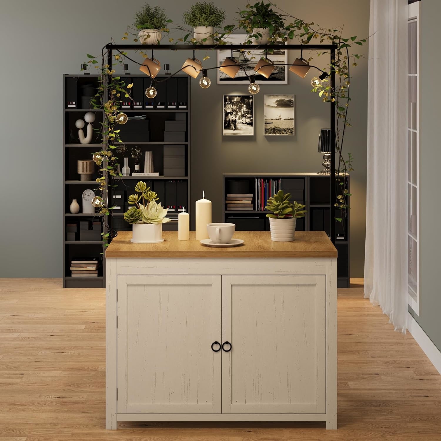 AOILE 42" Kitchen Island with Storage, Heavy-Duty Cart with 30mm Thick Countertop, Shelves & Hooks