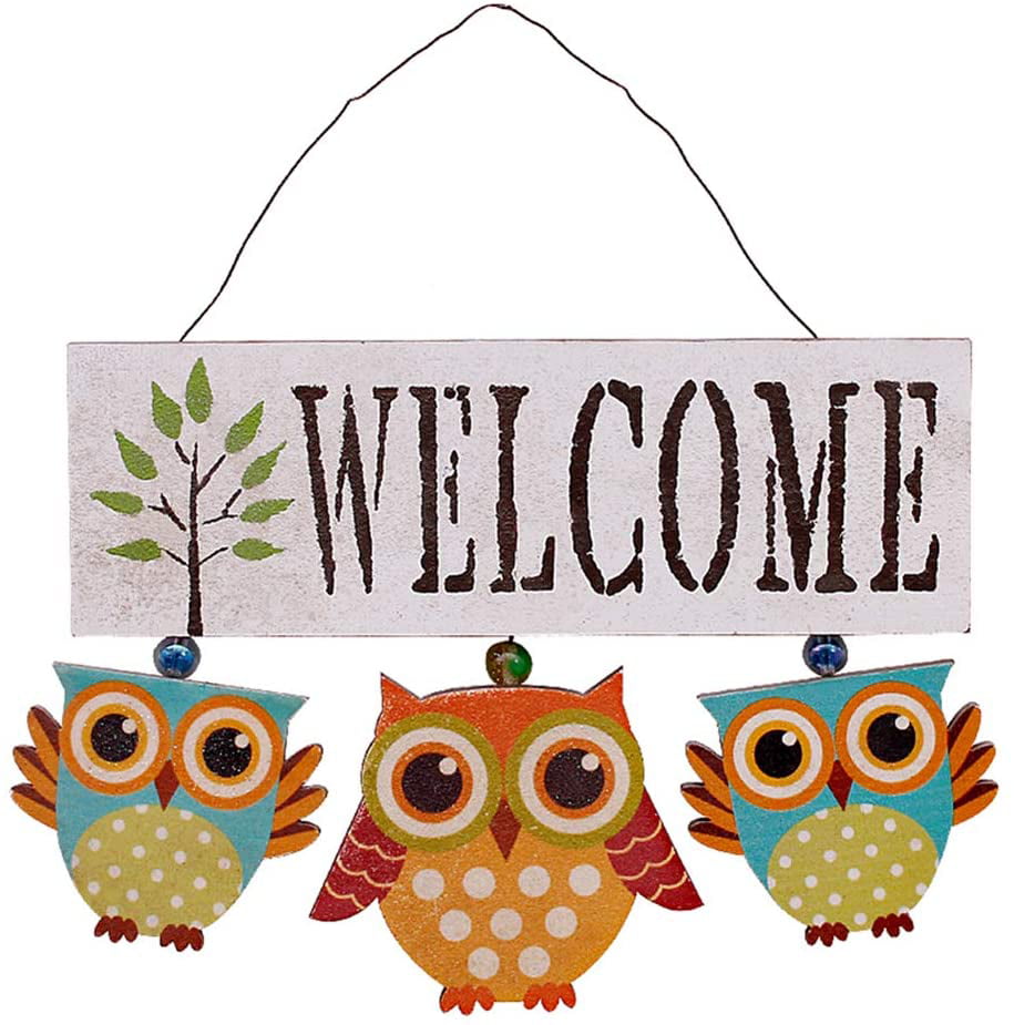 Wall Hanging Notice Wooden Owl Welcome Sign for Outdoor Garden Front Door White 