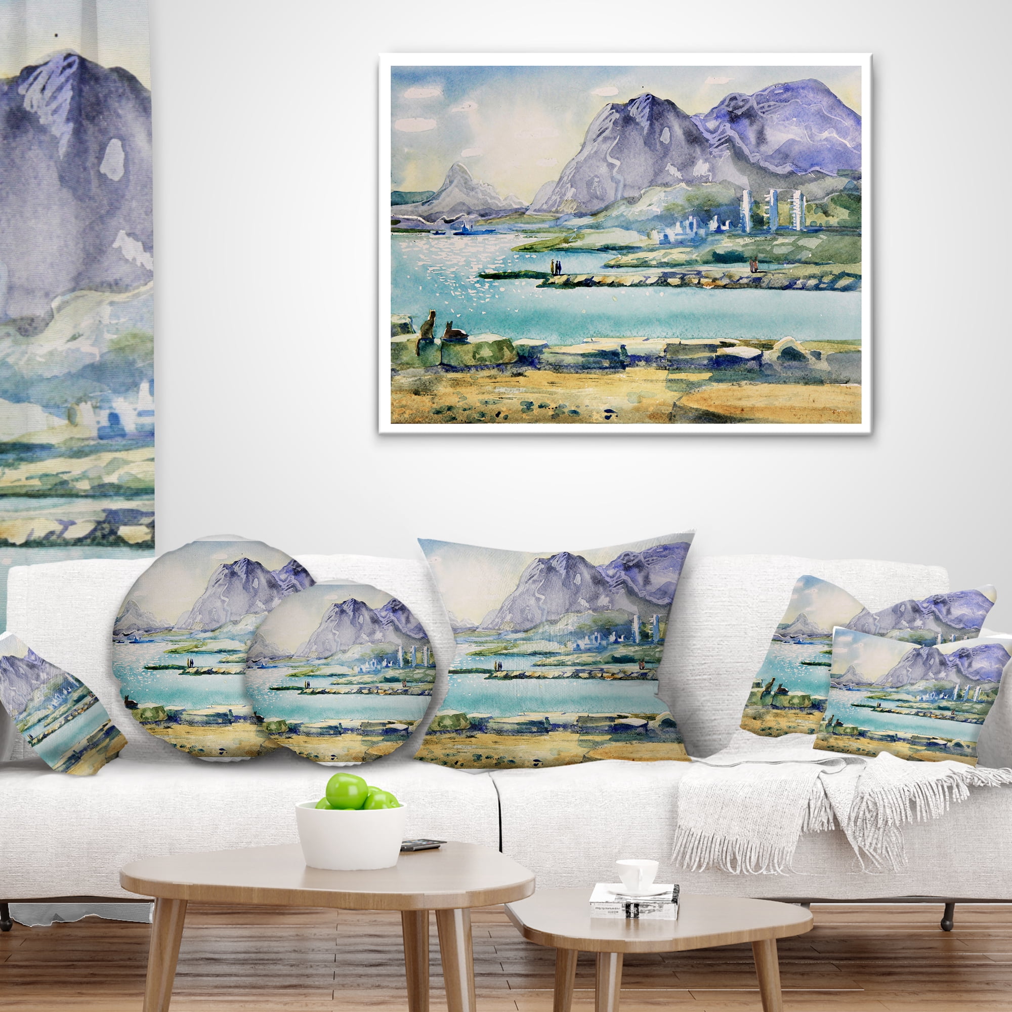 Designart Watercolor Blue Hills - Landscape Printed Throw Pillow - 18x18