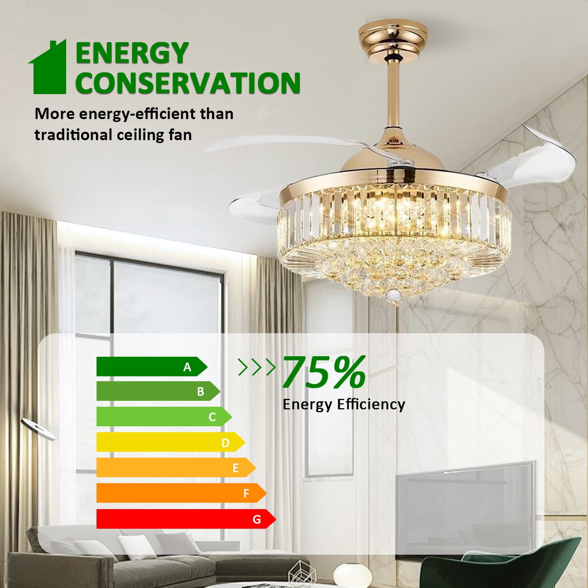 Jacgood 42" Retractable Crystal Ceiling Fan with Light and Remote Control, 6-Speed Quiet DC Motor, Dimmable LED Fandelier for Bedroom and Living Room, Gold Finish