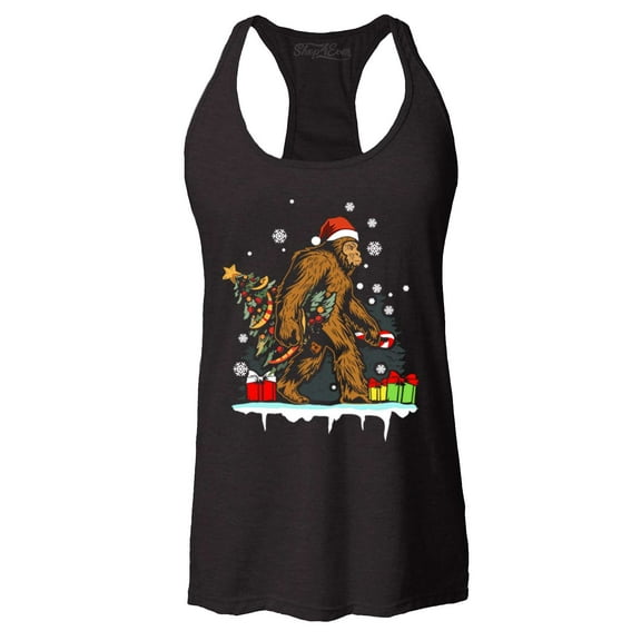 Shop4Ever Women's Bigfoot Santa Christmas Tree Toy Sack Sasquatch Racerback Tank Top Large Black