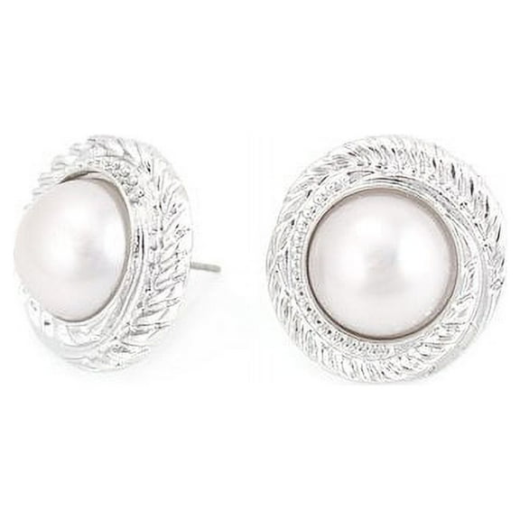 Rhodium-Plated Braid Bezel White Pearl Button Earrings
