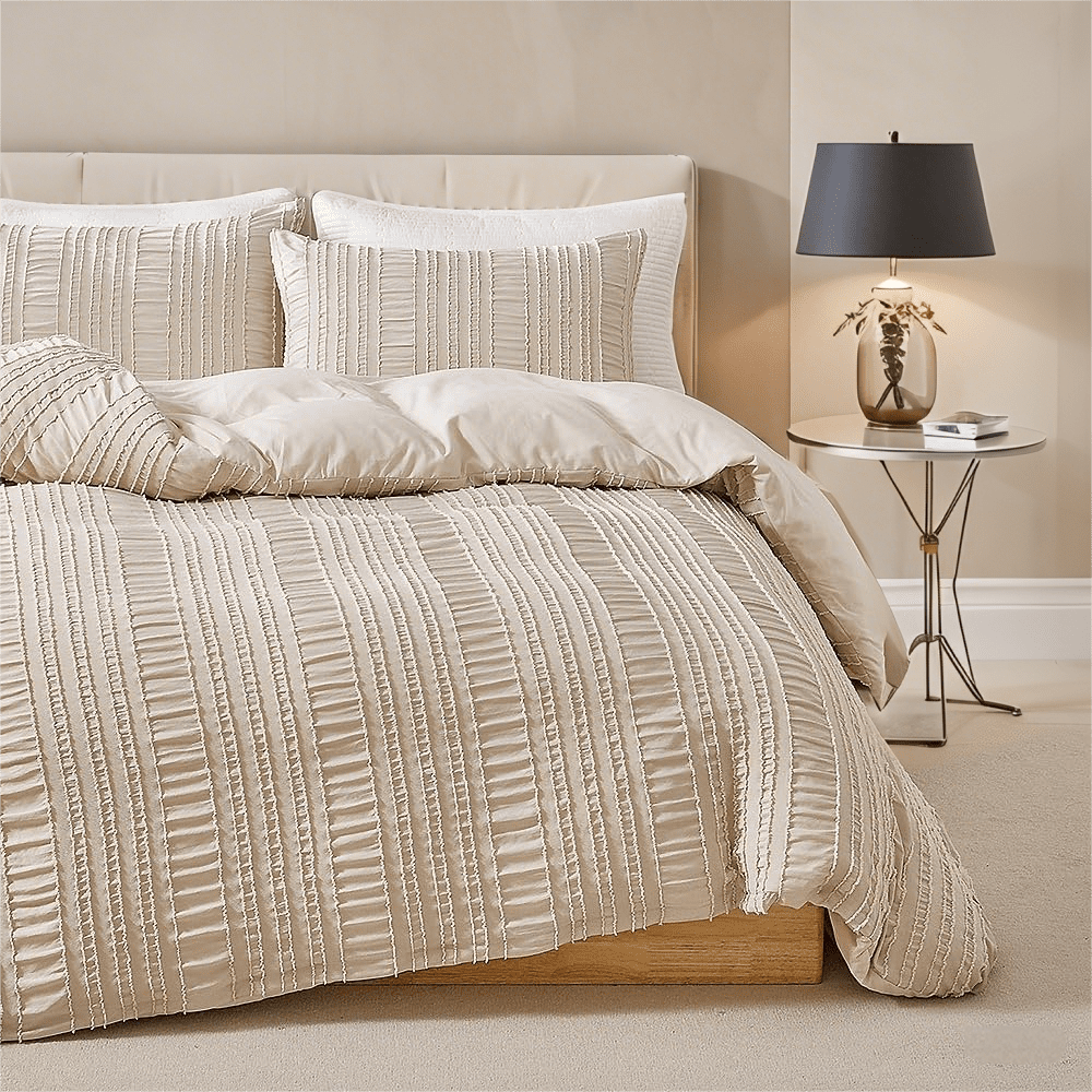 JOLUSERE Khaki Duvet Cover King Sets, 3 Pieces Soft Breathable Striped Textured Comforter Cover Set