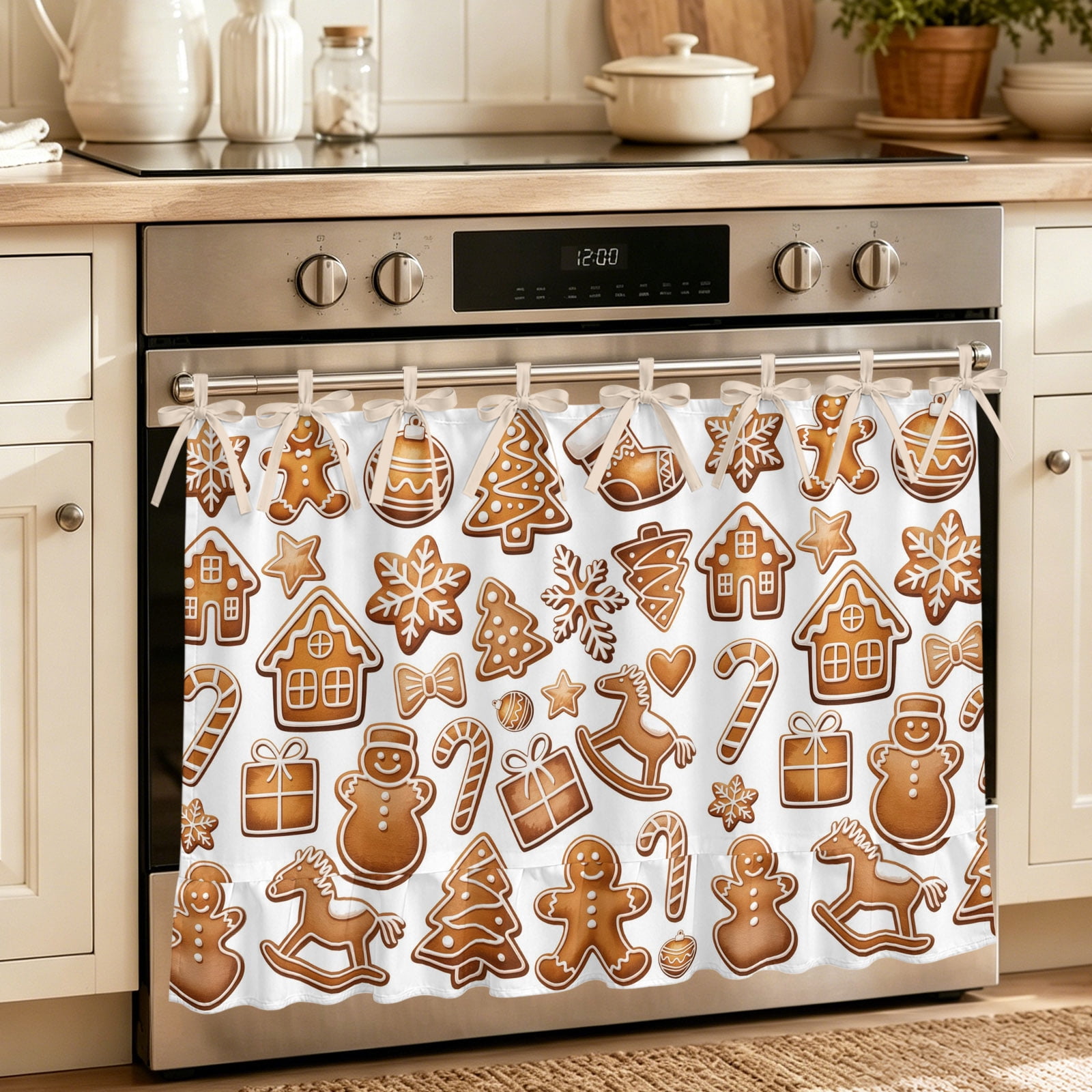 Oven Curtain for Kitchen Christmas Ginger Bread Man Stove Curtain With Ruffled Trim Dishwasher Curtains Brown Xmas Tree Snowflake Oven Skirt 32 x24