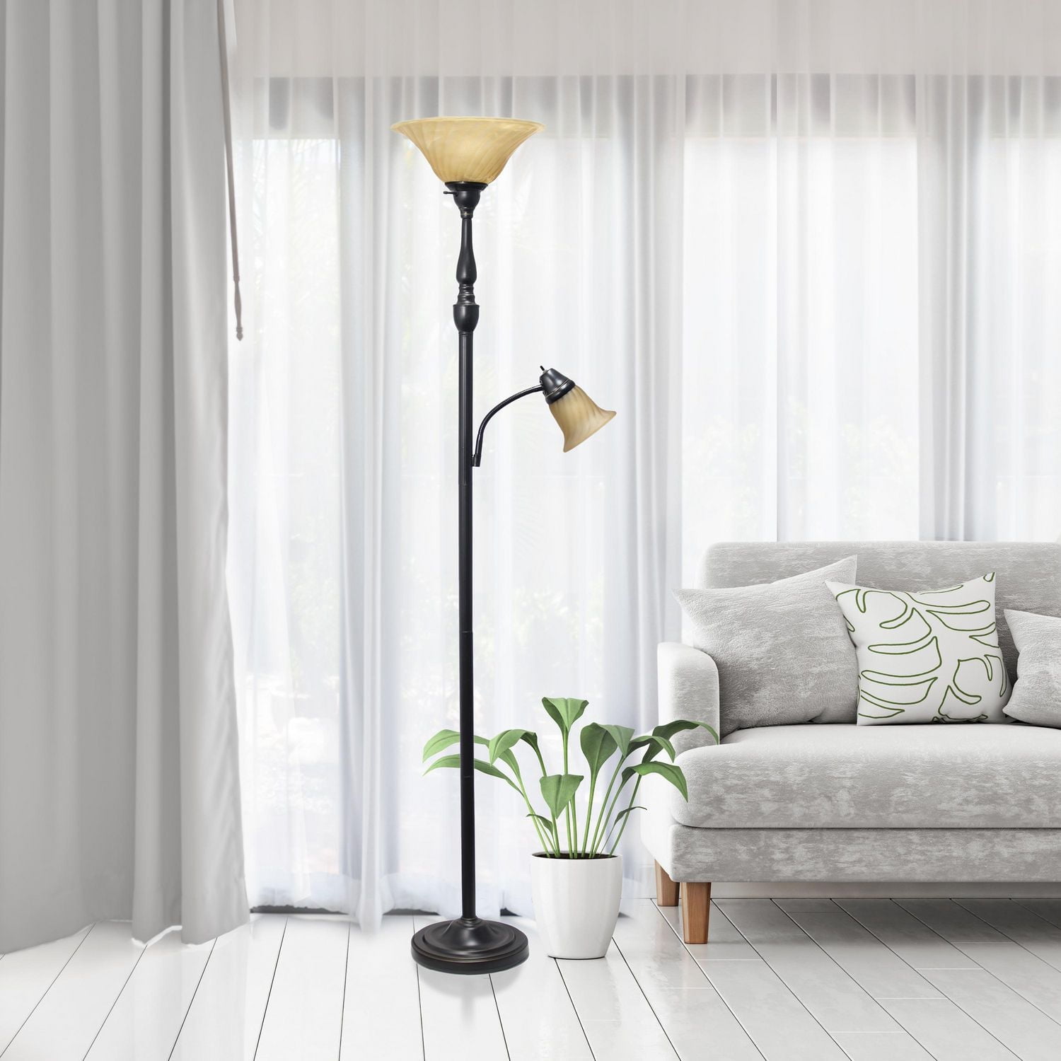 Elegant Designs 2 Light Mother Daughter Floor Lamp with Amber Marble Glass Shades