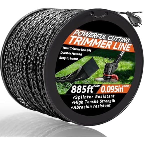 885ft 0.095" Black Diamond Trimmer Line Heavy Duty Professional Twisted Weed Wacker String Spiral Trimmer Line Spool with Cutter for Echo Trimmers Line 330095073