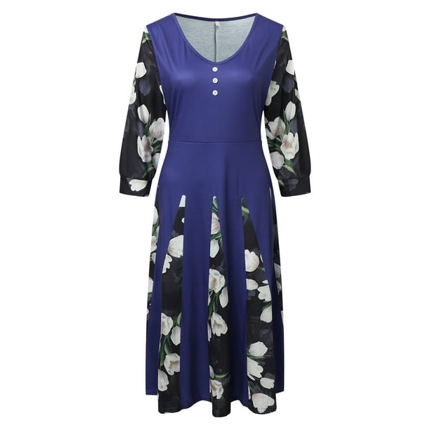 Homely Womens Summer Dresses Women Fashion And Elegant Leisure Positioning  Prints Round Neck Long Sleeve Dress 