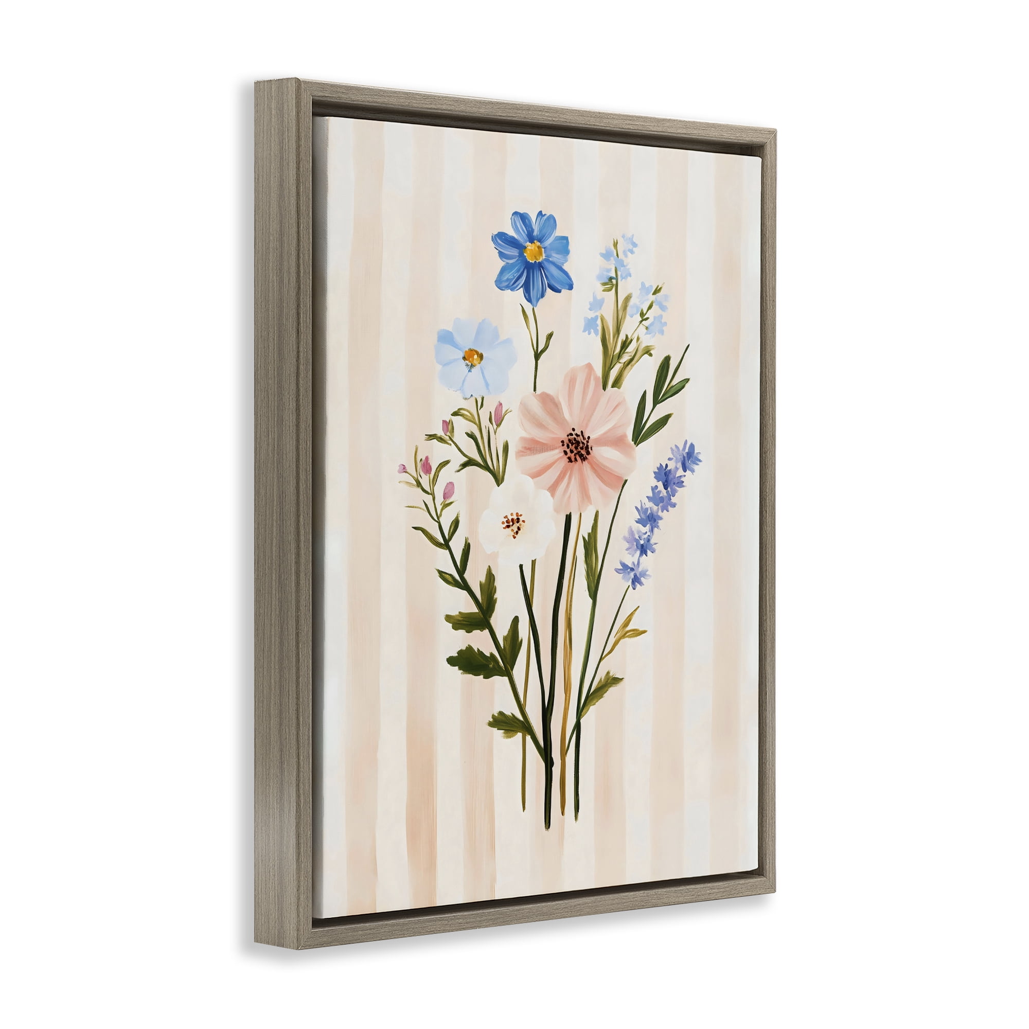 Stupell Industries Cream Stripe Florals Brown Framed Floater Canvas Wall Art, design by The Prints Vibe