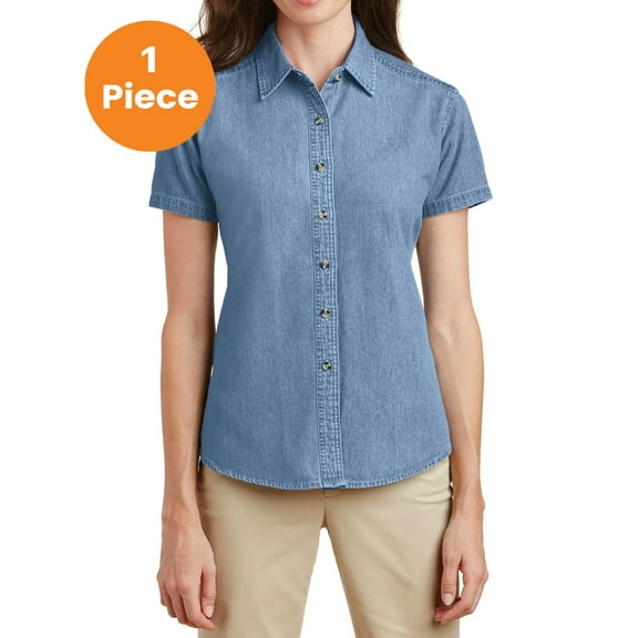 Port & Company LSP11 Ladies Short Sleeve Value Denim Shirt, Faded Blue*, XS, Womens Button Down Shirts