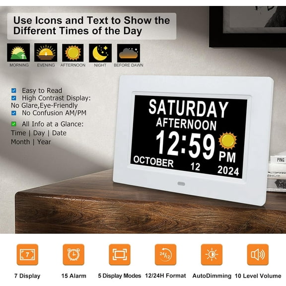JUNCHI-Digital Calendar Dementia Alarm Clock with Day and Date for Elderly - 15 Alarms 5 Colors Display Digital Clock Large Display Alzheimers Large Digital Clock for Seniors (7in White)