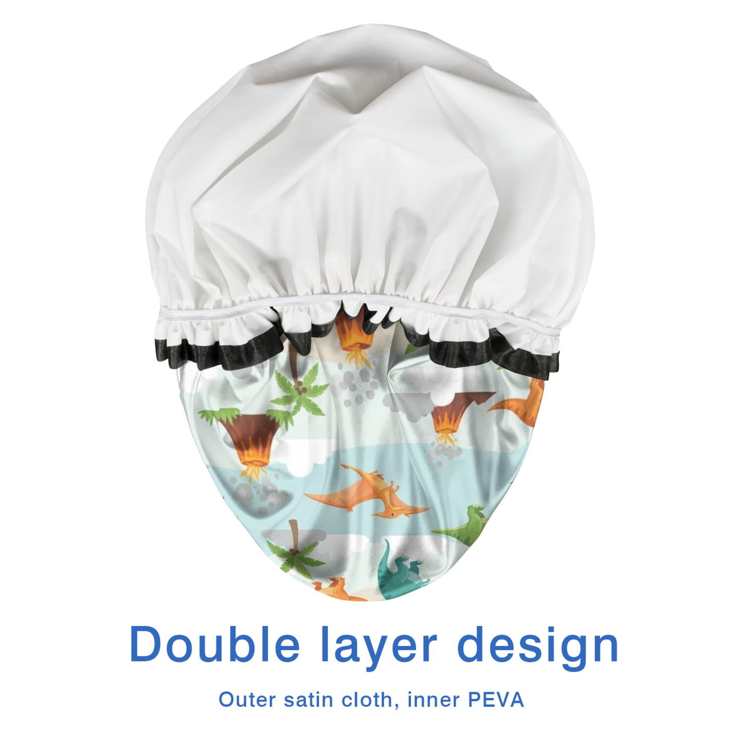 Shower Caps,LightBlue Cartoon Dinosaurs Volcanoes Palms Patter Waterproof Shower Cap for Women 4 Pieces,Double Reusable Hair Cover for Shower PEVA Elastic Stretch Hem